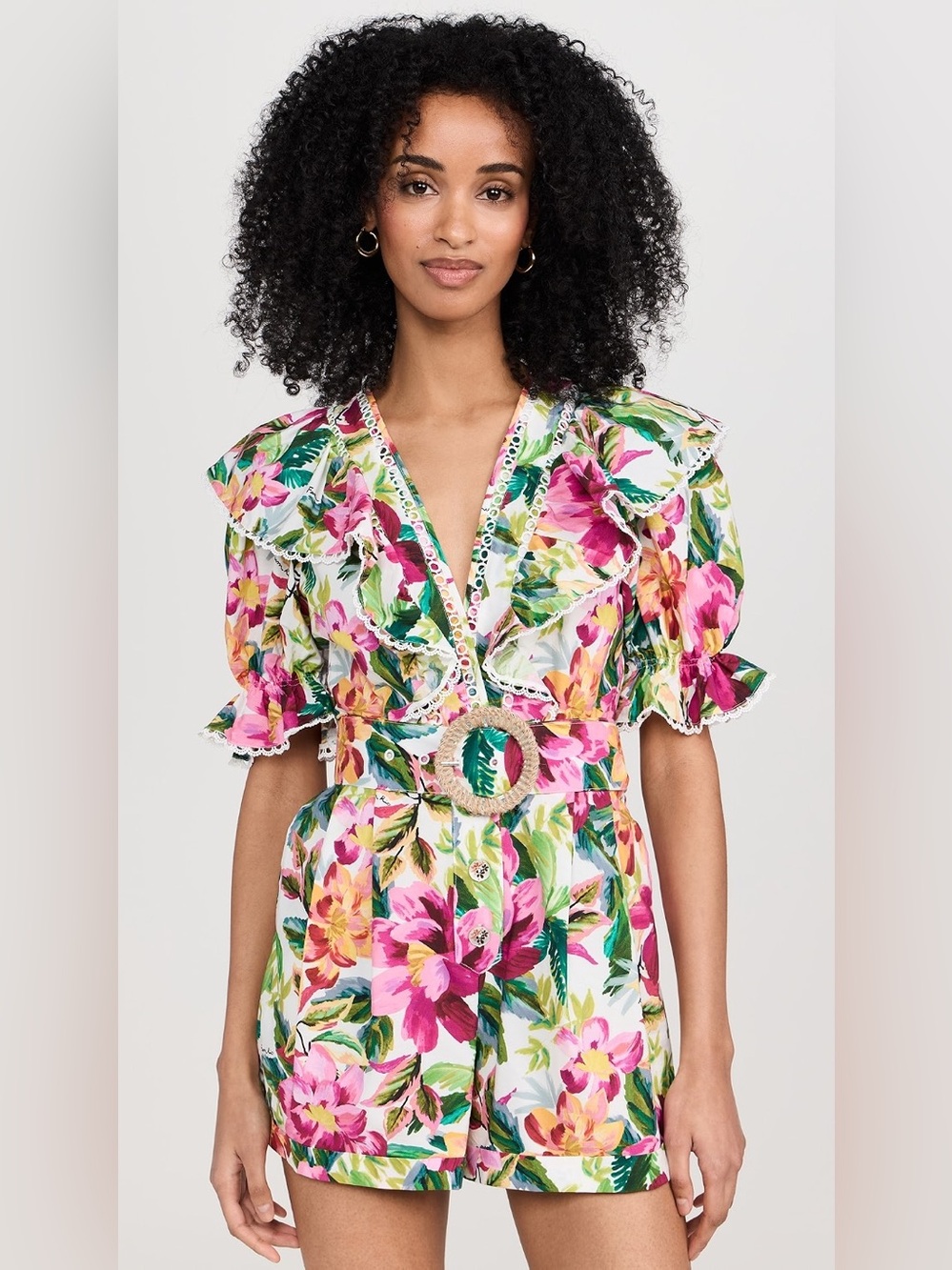 FARM Rio Pink Green White Floral Belted Romper